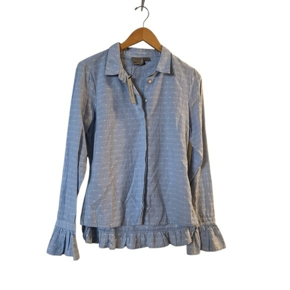 NWT VERO MODA blue & white pinstriped embroidered ruffled tail l/s shirt, M